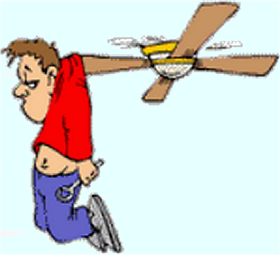 Cartoon of disgusted fan fixer hanging by his collar from a blade of a ceiling fan